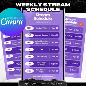 Peut inclure: Un modèle de planning de diffusion hebdomadaire violet et blanc pour Canva. Le modèle comprend les jours de la semaine, les heures et les activités. Le texte "Stream Schedule" est en haut du modèle.