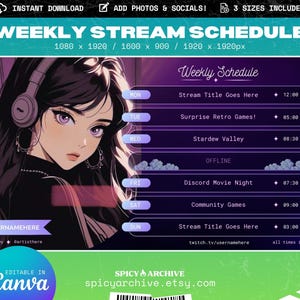 May include: A purple and pink digital template for a weekly stream schedule. The template features a stylized illustration of a person with purple hair wearing headphones. The schedule includes days of the week, stream titles, and times in PST.
