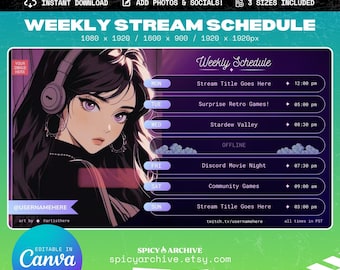 May include: A purple and pink digital template for a weekly stream schedule. The template features a stylized illustration of a person with purple hair wearing headphones. The schedule includes days of the week, stream titles, and times in PST.