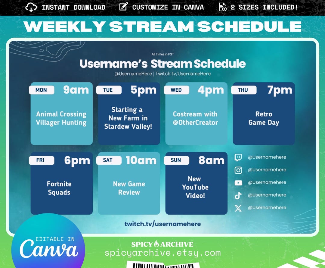 Blue Stream Schedule Template | 2 Sizes! | Twitch Kick Youtube Discord ...