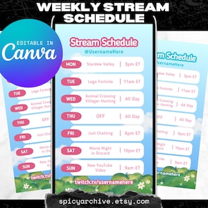 Spring Sky Stream Schedule Template Pack | Twitch TikTok YouTube Discord Content | 9:16 Instagram Story Post | Editable in Canva