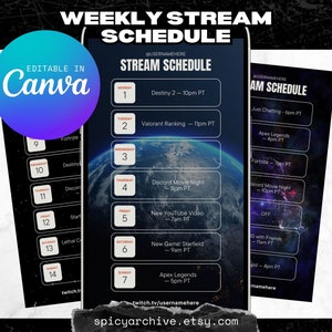 Peut inclure: Un modèle graphique noir et blanc pour un planning de diffusion hebdomadaire. Le modèle présente un design circulaire avec un fond noir et du texte blanc. Le modèle est modifiable dans Canva et comprend un espace pour le nom d'utilisateur du streamer, le planning de diffusion et un lien vers sa chaîne Twitch.