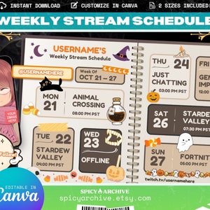 Peut inclure: Un modèle de planning de diffusion hebdomadaire sur le thème d'Halloween. Le modèle présente une illustration en noir et blanc d'un chat, d'un chapeau de sorcière, d'une citrouille et de maïs sucré. Le modèle est conçu pour être utilisé sur Twitch ou d'autres plateformes de diffusion.