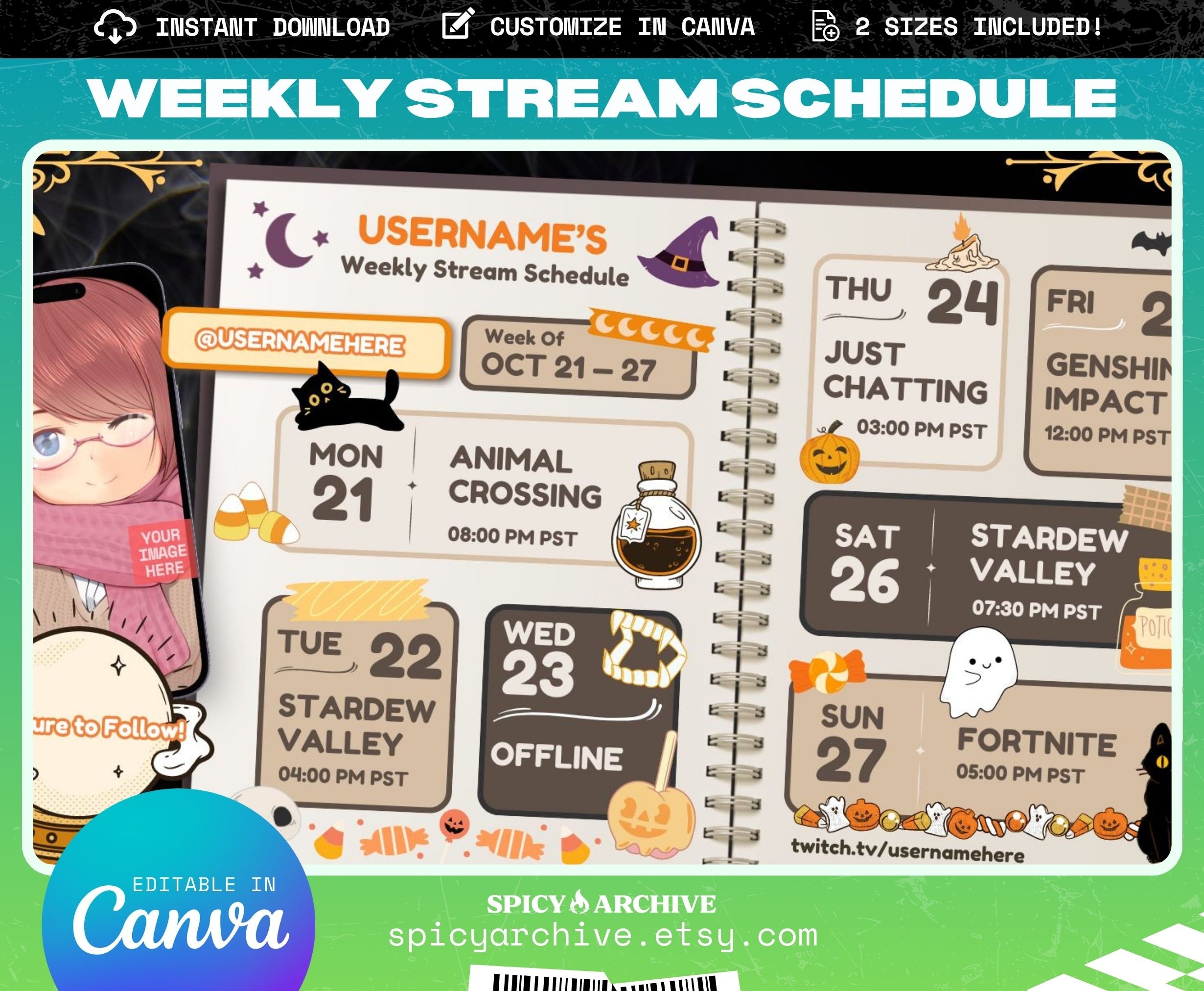 Halloween Stream Schedule Template | Cozy Notebook Schedule | Twitch YouTube Discord TikTok | VTuber Content Calendar | Editable in Canva