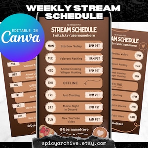 Peut inclure: Un modèle de planning de diffusion hebdomadaire brun et beige pour Twitch. Le modèle est modifiable dans Canva et présente une liste des jours de la semaine avec les heures et les activités de diffusion correspondantes. Le modèle comprend une icône en forme de cœur et le texte "@UsernameHere".