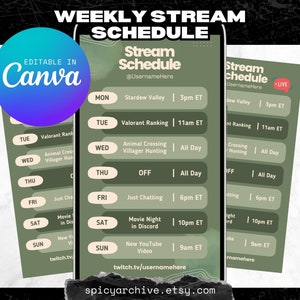 Stream Schedule Template | Green Bubble Stacked | Twitch Kick YouTube Discord Content | 9:16 Instagram Story Post | Editable Canva Template