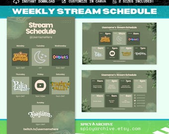 Paquete de programación de transmisiones semanales de Green Plant Grid / Contenido de Twitch Kick YouTube Discord / Gráficos de publicaciones sociales / Plantilla de Canva editable
