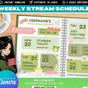 Green Notebook Stream Schedule Template - 2 Sizes Included! | Twitch YouTube Discord Content | VTuber Assets | Editable in Canva