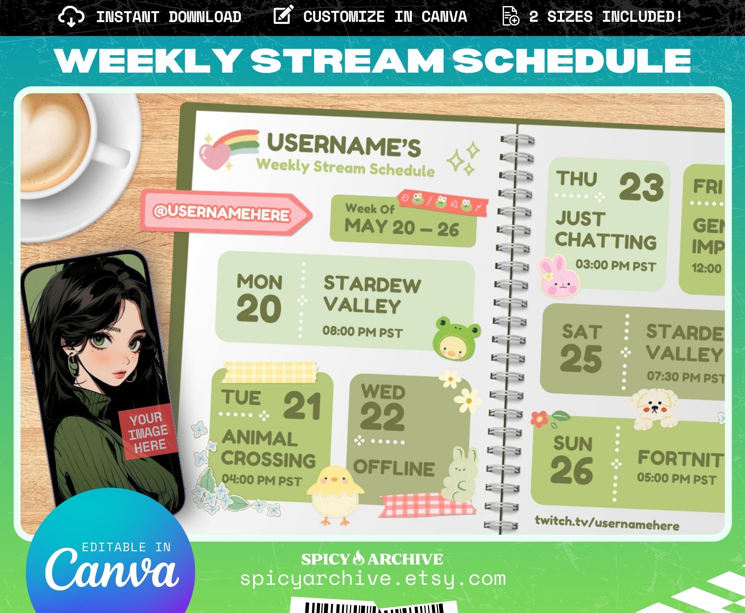 Green Notebook Stream Schedule Template - 2 Sizes Included! | Twitch YouTube Discord Content | VTuber Assets | Editable in Canva