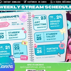 Blue Y2K Notebook Stream Schedule Template Pack | Twitch YouTube Discord TikTok Content | VTuber Content Calendar | Editable in Canva