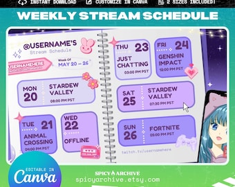 Purple Notebook Stream Schedule Template - 2 Sizes Included! | Twitch YouTube Discord Content | VTuber Assets | Editable in Canva