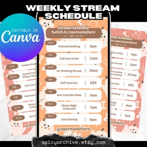 May include: A pink and orange digital planner template with a Halloween theme. The template is designed for a weekly stream schedule and includes days of the week, times, and activities. The template features a cartoon ghost graphic.