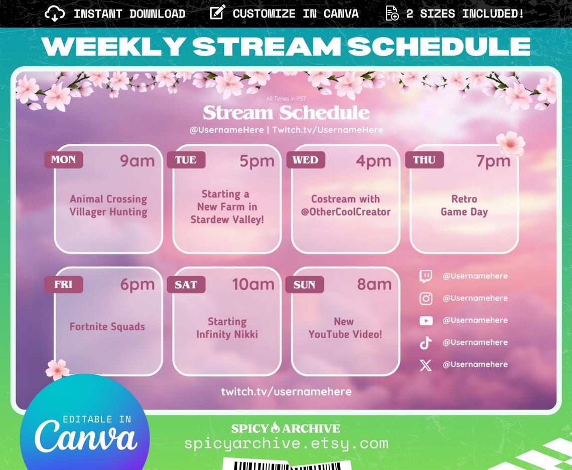 Pink Cherry Blossom Stream Schedule Template | 2 Sizes! | Twitch ...