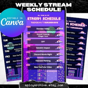 Modello di programmazione streaming / Purple Pixel City Night / Contenuto Twitch TikTok YouTube Discord / Post della storia di Instagram 9:16 / Modificabile in Canva