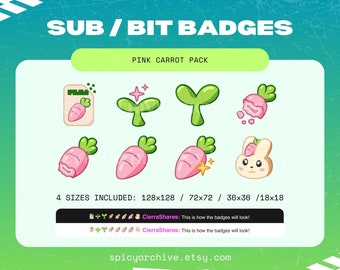 Cute Carrot Twitch Sub Badges / Bit Emotes | Pink Carrot & Bunny Emotes for Twitch, YouTube, and Discord | Spring + Easter Stream Graphics