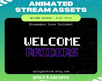 Superposición de transmisión animada de Welcome Raiders: superposición de Twitch de 8 bits de estilo retro/iconos de Streamdeck incluidos