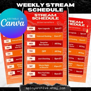Wöchentlicher Stream Ablaufplan Vorlage | Rot Orange Feuerkarte | Twitch Kick YouTube Discord Inhalt | 9:16 Instagram Story Post | Bearbeitbar in Canva