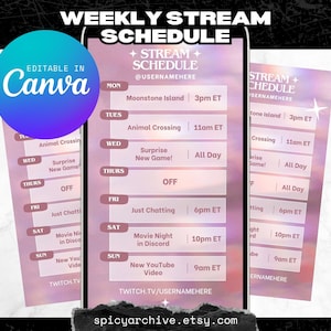 May include: A pink and purple gradient background with a weekly stream schedule for a Twitch streamer. The schedule includes the days of the week, times, and activities, such as "Moonstone Island", "Animal Crossing", "Surprise New Game!" and "Just Chatting". The text "Editable in Canva" is at the top left corner of the image. The text "@USERNAMEHERE" is at the top right corner of the image. The text "TWITCH.TV/USERNAMEHERE" is at the bottom of the image.