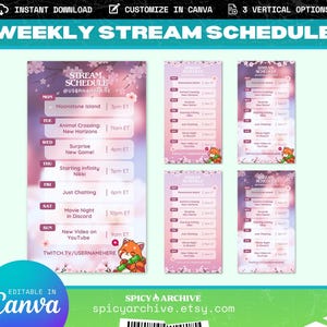 May include: A digital weekly stream schedule template with a pink floral design. The schedule includes times for various activities, such as gaming and chatting. The template is customizable in Canva and features a cute fox graphic.