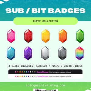 May include: A set of nine digital badges featuring different colored gemstones in a hexagon shape. The text "SUB/BIT BADGES" and "RUPEE COLLECTION" is at the top of the image. The text "4 SIZES INCLUDED: 128x128 / 72x72 / 36x36 / 18x18" is at the bottom of the image. The text "CierraShares: This is how the badges will look!" appears twice in the image.