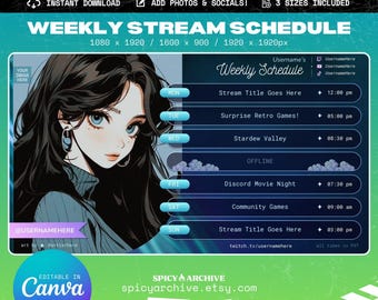 Sjabloonpakket blauw streamschema | 3 maten inbegrepen! | Twitch YouTube Discord VTuber-contentkalender | Bewerkbaar in canvas