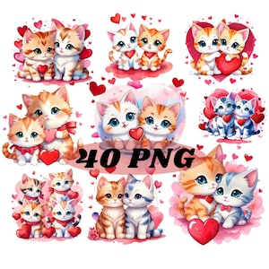 Photo collage cat with heart shape valentine&#39;s day cute watercolor Cute kitten clipart 40 png digital download Commercial use