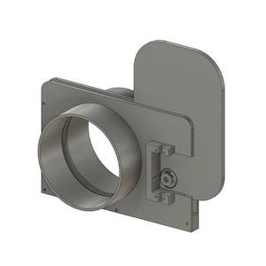Puede incluir: Un modelo 3D gris de un adaptador de lente de cámara con una abertura redonda y una tapa con bisagras.