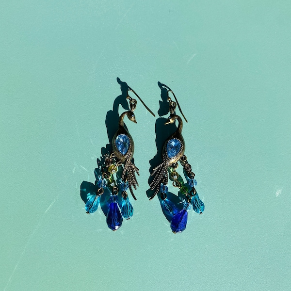 Vintage Green Blue Rhinestone Peacock Drop Chandelier Earrings