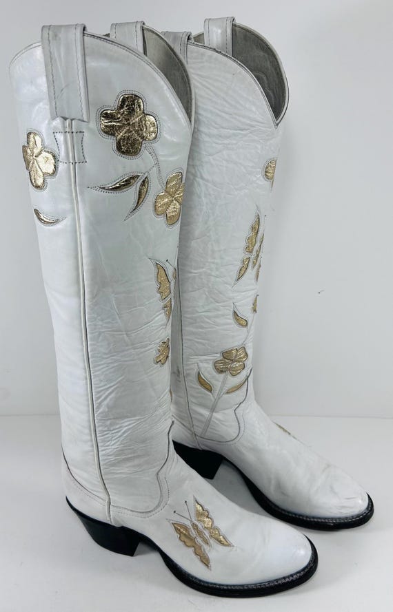 Vintage Women’s Western Cowgirl Boots Larry Mahan White & Gold Butterfly Floral Design Size 5.5B