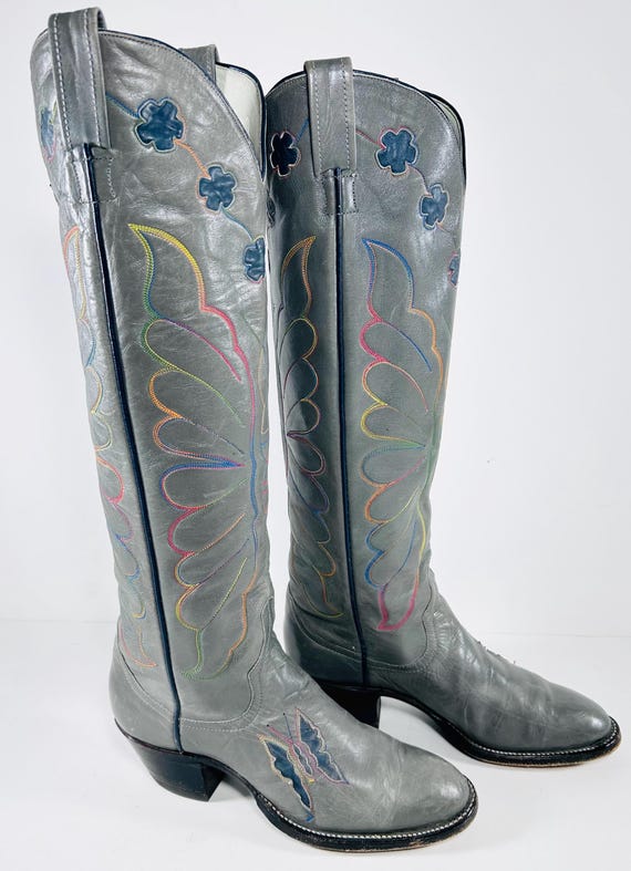 Vintage Gray Women’s Cowgirl Boots Western Larry Mahan Rainbow Butterfly Floral Design Size 6B