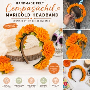 May include: A handmade felt headband featuring vibrant orange marigold flowers with small green leaves. The headband is black and decorated with multiple layered felt blossoms. The text on the image reads HANDMADE FELT Cempasúchil MARIGOLD HEADBAND.