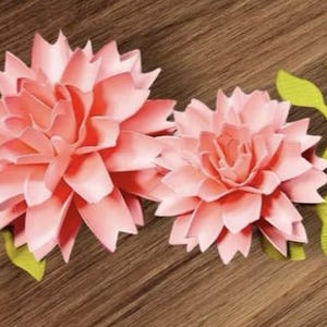 May include: Two pink paper flowers with green paper leaves. The flowers are layered and have a 3D effect.