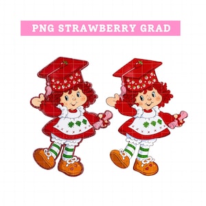 May include: Two identical illustrations of a cartoon character wearing a graduation cap and holding a diploma. The character has red hair, a red dress, and orange shoes. The text "PNG STRAWBERRY GRAD" is above the characters.