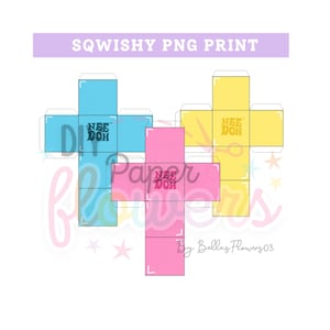 Puede incluir: Tres plantillas de cubos desplegados en azul, rosa y amarillo, cada una con el texto "NEE DOH". La imagen también incluye el texto "SQWISHY PNG PRINT", "DIY Paper Flowers" y "By Bellas Flowers03".