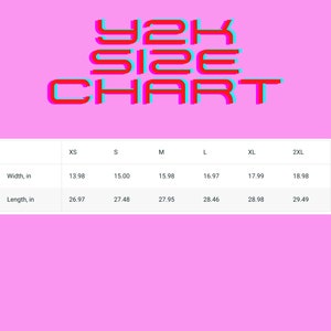 May include: A size chart for clothing with measurements in inches for XS, S, M, L, XL, and 2XL sizes. The chart shows the width and length of each size.