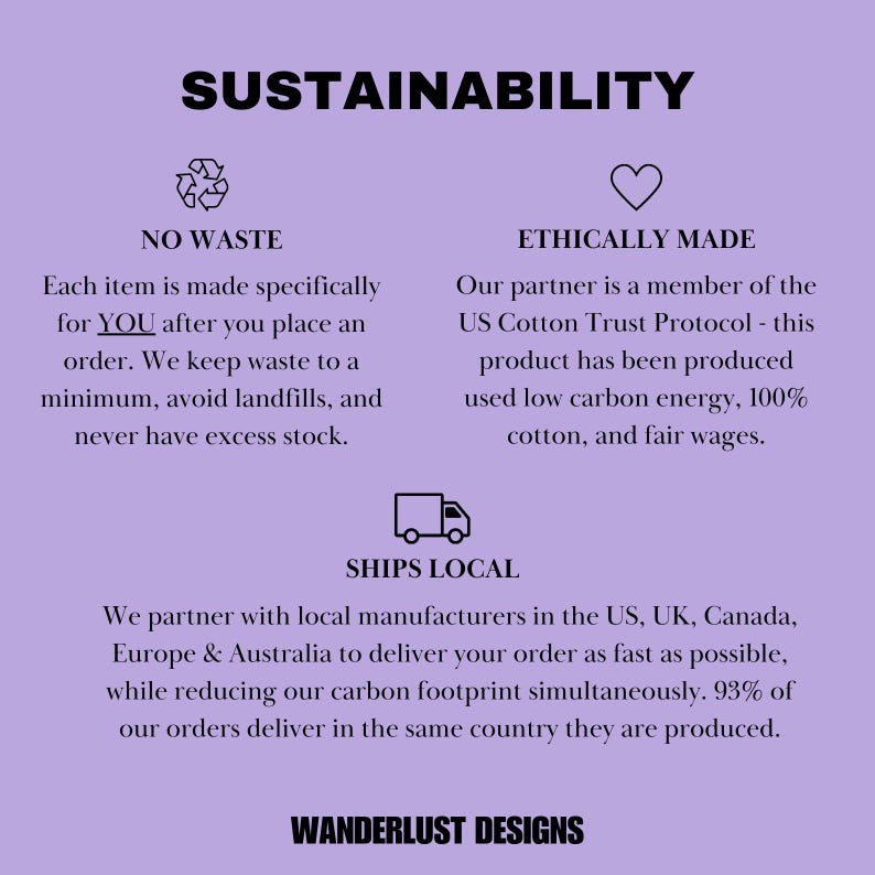 May include: A graphic with the text "SUSTAINABILITY" in large, bold letters. The graphic describes the company's commitment to ethical and sustainable practices, including no waste, ethically made products, and local shipping.