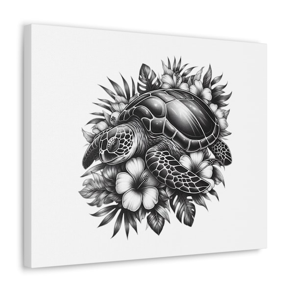Sea turtle Canvas Gallery Wraps black and white with flowers and greenery gift for mom dad family beautiful wall art ocean life