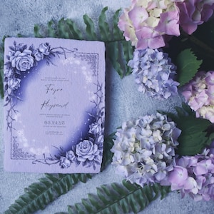 May include: A purple wedding invitation with a floral design and the text "Faye & Hyland" and the date "09.22.23".