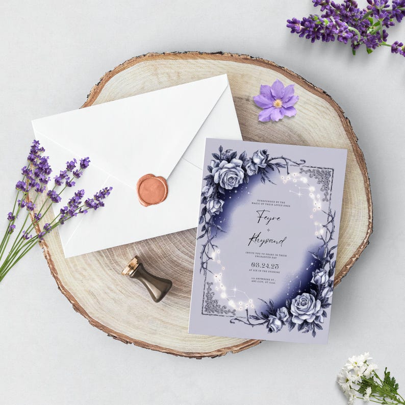 May include: A purple wedding invitation with a floral design featuring roses and vines. The invitation has a silver glitter effect and the text "Feyre & Rhysand" is printed in black.