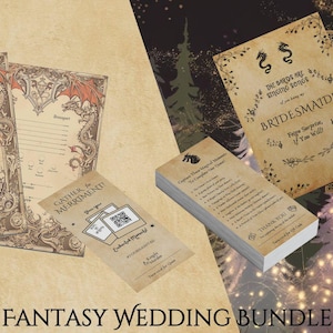 May include: A fantasy wedding bundle with a variety of printable cards and games. The cards feature a medieval theme with dragons, calligraphy, and the text "Gather Merriment" and "The Bargain My Ending Begins".