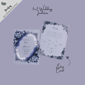 May include: A 5x7 wedding invitation with a blue and white floral design. The invitation features a floral border with a moon and stars in the background. The text "Faye & Heyward" is printed in a script font. The invitation also includes an RSVP card with a floral design.
