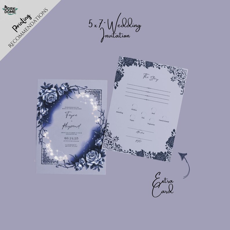May include: A 5x7 wedding invitation with a blue and white floral design. The invitation features a floral border with a moon and stars in the background. The text "Faye & Heyward" is printed in a script font. The invitation also includes an RSVP card with a floral design.