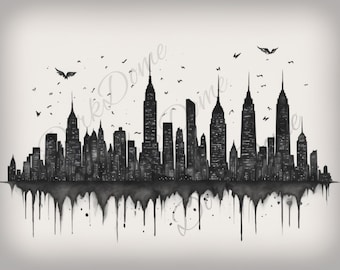 Silhouette de chasseurs d'ombres de New York | Ailes d'ange | Téléchargement numérique | Art mural fantastique | Poster imprimable | Lien JPG, PDF et Canva