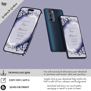 May include: A digital mockup of a smartphone screen displaying a wedding invitation with a floral design. The invitation features a watercolor-style illustration of blue roses and vines with sparkling white accents. The text on the invitation reads "Feyre & Rhysand" and "08.24.23".