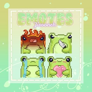 Peut inclure: Un ensemble d'art numérique en pixels intitulé EMOTES Jisooneh représentant quatre grenouilles vertes. Une grenouille a des flammes orange sur la tête, une tient un couteau argenté, une pleure des larmes bleues et une tient un cœur rose.