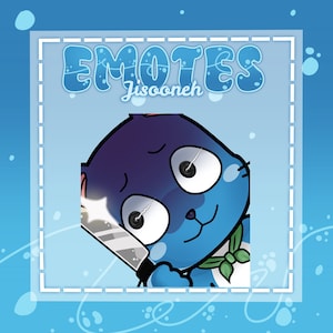 Peut inclure: Une illustration numérique d'un personnage bleu ressemblant à un chat tenant un couteau argenté, sur un fond bleu clair. Le texte EMOTES et Jisooneh apparaît en haut dans une police stylisée. Le personnage a de grands yeux et un foulard vert.