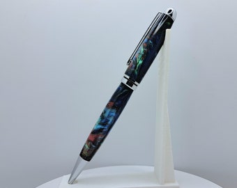 Superb "Alien Nights" unique cast resin twist pen | Executive professional blue green sparkle swirl chrome ballpoint pen