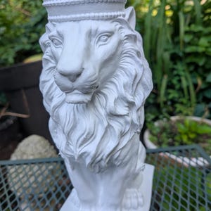 Porch Lion Garden Statue - Concrete Hand Painted White Finish Exterior / Interior