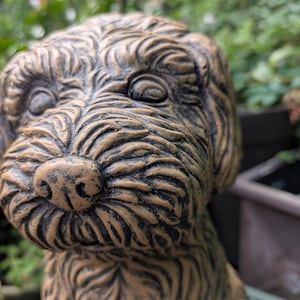 May include: A detailed, close-up of a dog statue with a textured, weathered appearance. The statue is primarily tan with dark brown accents, showcasing the dog's fur and facial features. The dog's eyes are closed, and the statue is outdoors.