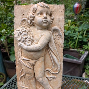Handmade Stained Concrete Angel Plaque: Garden Wall Decor (13.5x6&quot;)